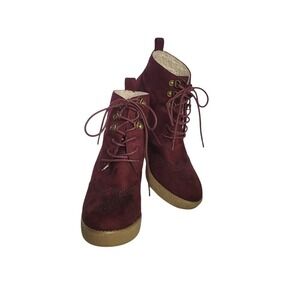 H&M Women's Maroon Sherpa Lined Suede Oxford Lace Up Wedge Heel Casual Boots 8